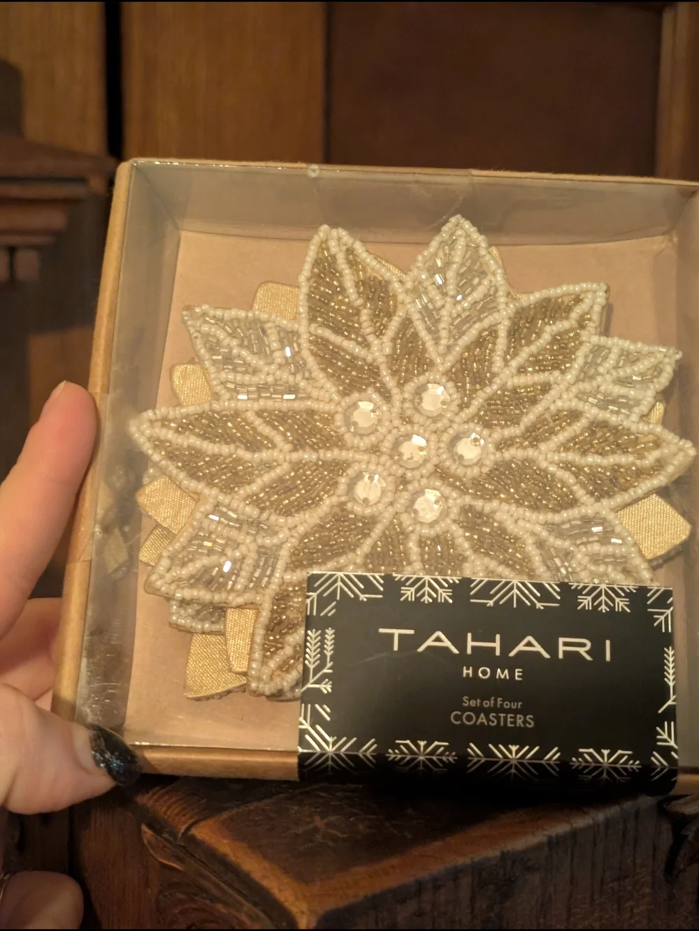 Holiday Tahari White Gold Pointsettia Beaded Drink Coasters 4 new gorgeous